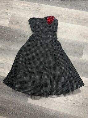 Ruby Rox Black Polka Dot Strapless Skater Dress with Red Rose Accent